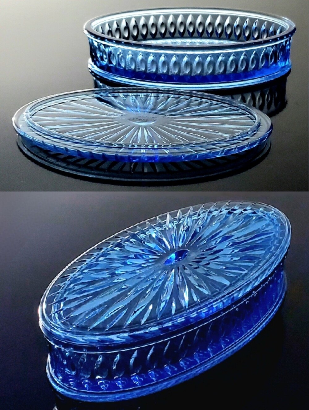 7 1/4" x 4" Oval Exquisitely Detailed Blue Glass Trinket Box With Lid 2011 - Picture 9 of 15